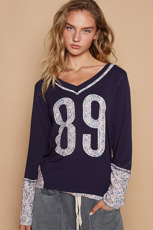 POL Navy Blue V-Neck Long Sleeve Floral Number 89 Patch T-Shirt