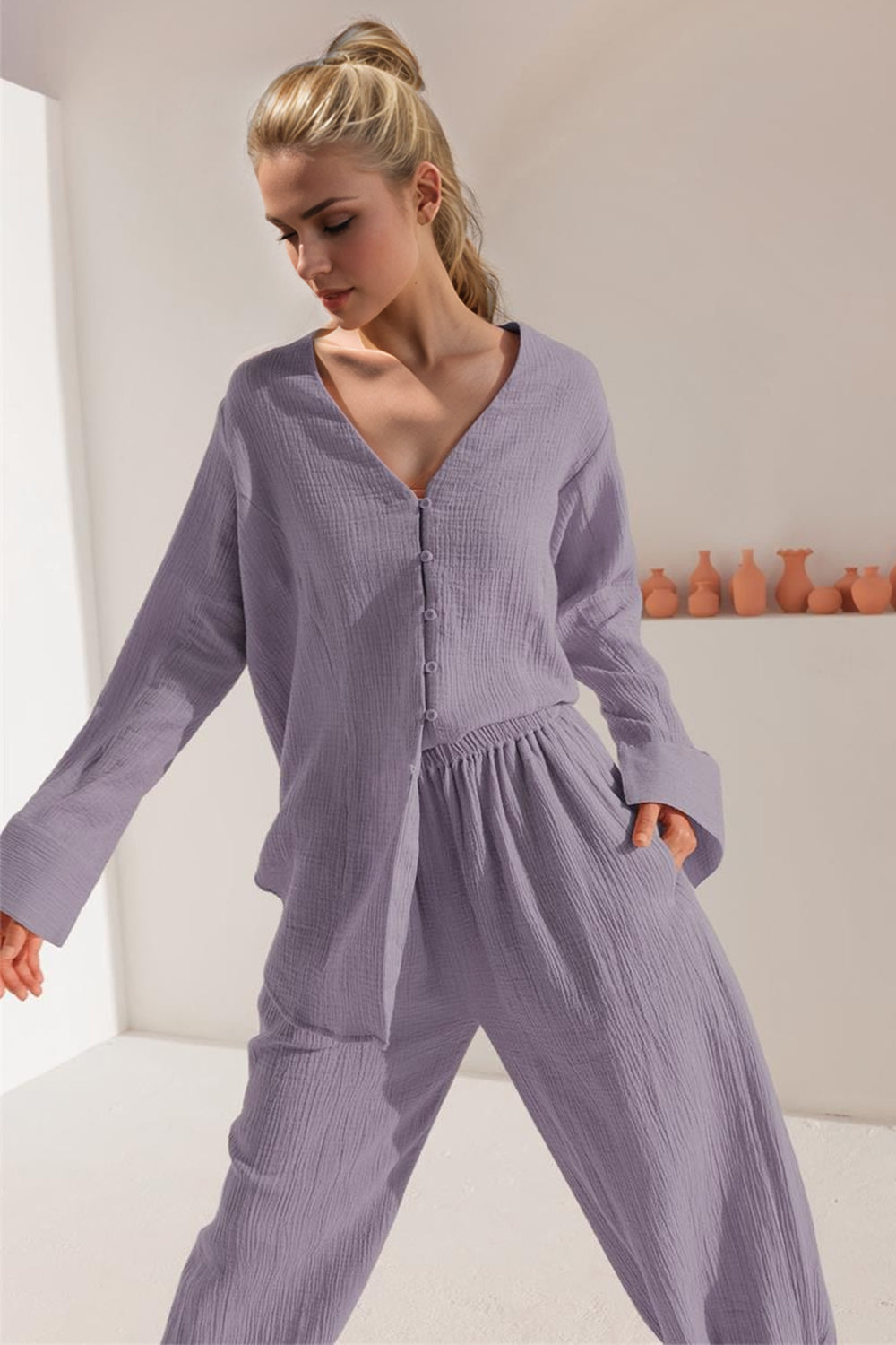 Basic Bae Buttery-Soft V-Neck Long Sleeve Top and Pants Set