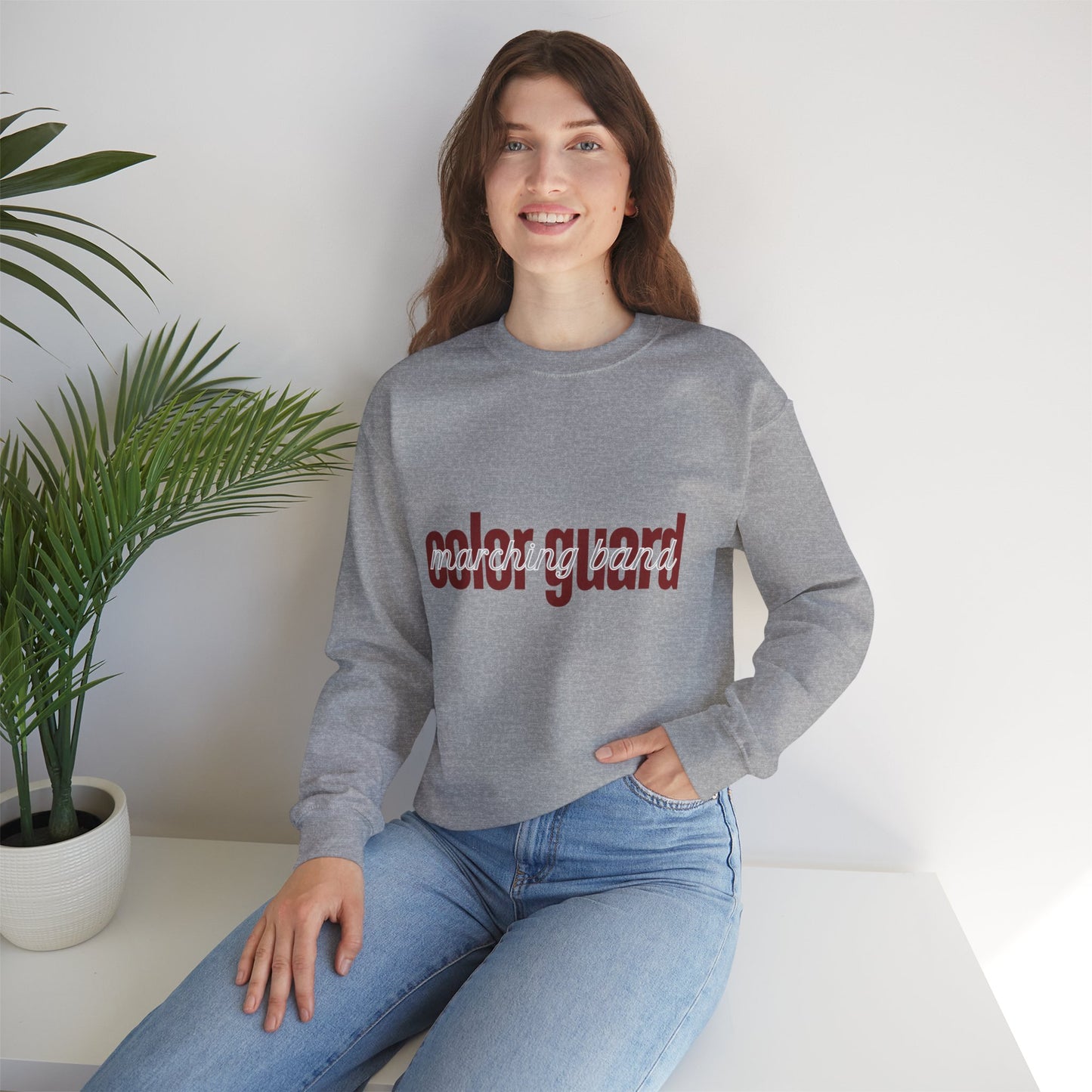 Marching Band Color Guard Maroon Lowercase Font Unisex Crewneck Sweatshirt Flag Saber Rifle