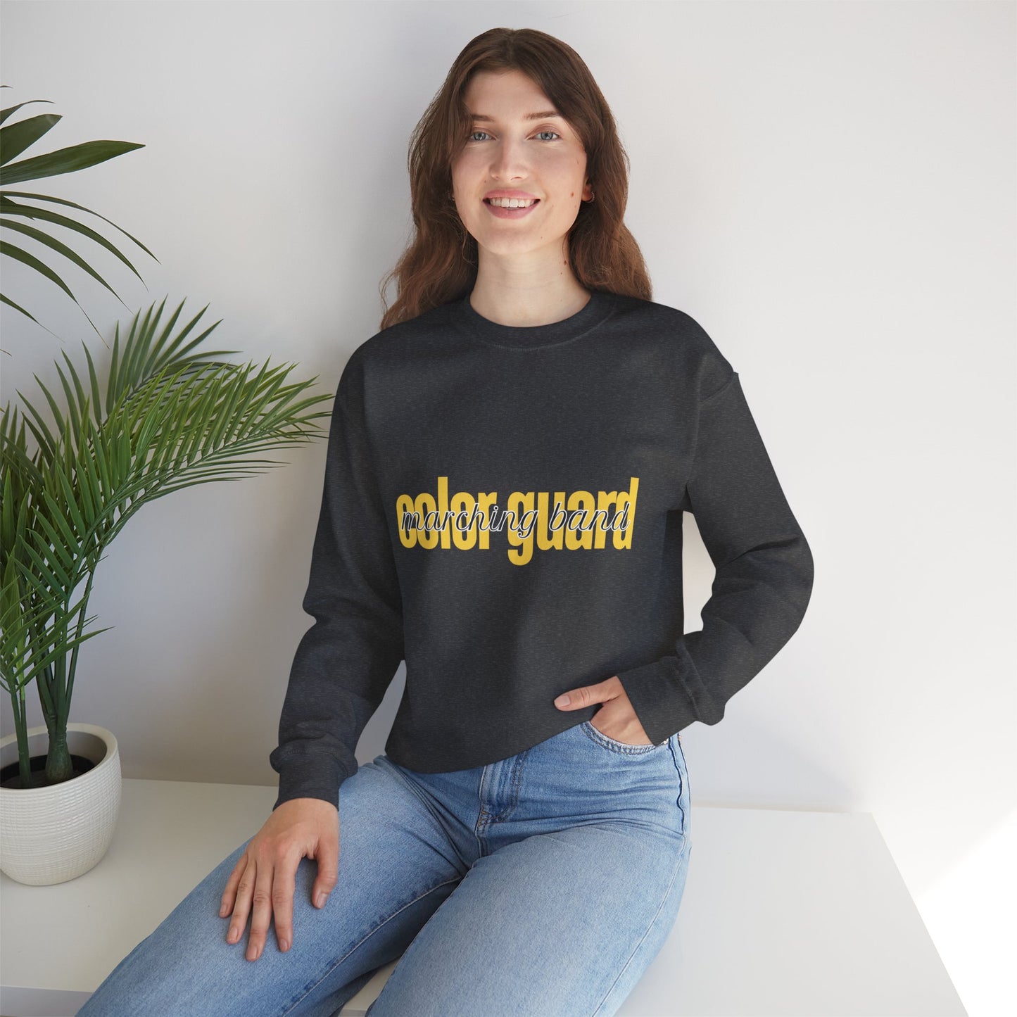 Marching Band Color Guard Yellow Lowercase Font Unisex Crewneck Sweatshirt Flag Saber Rifle