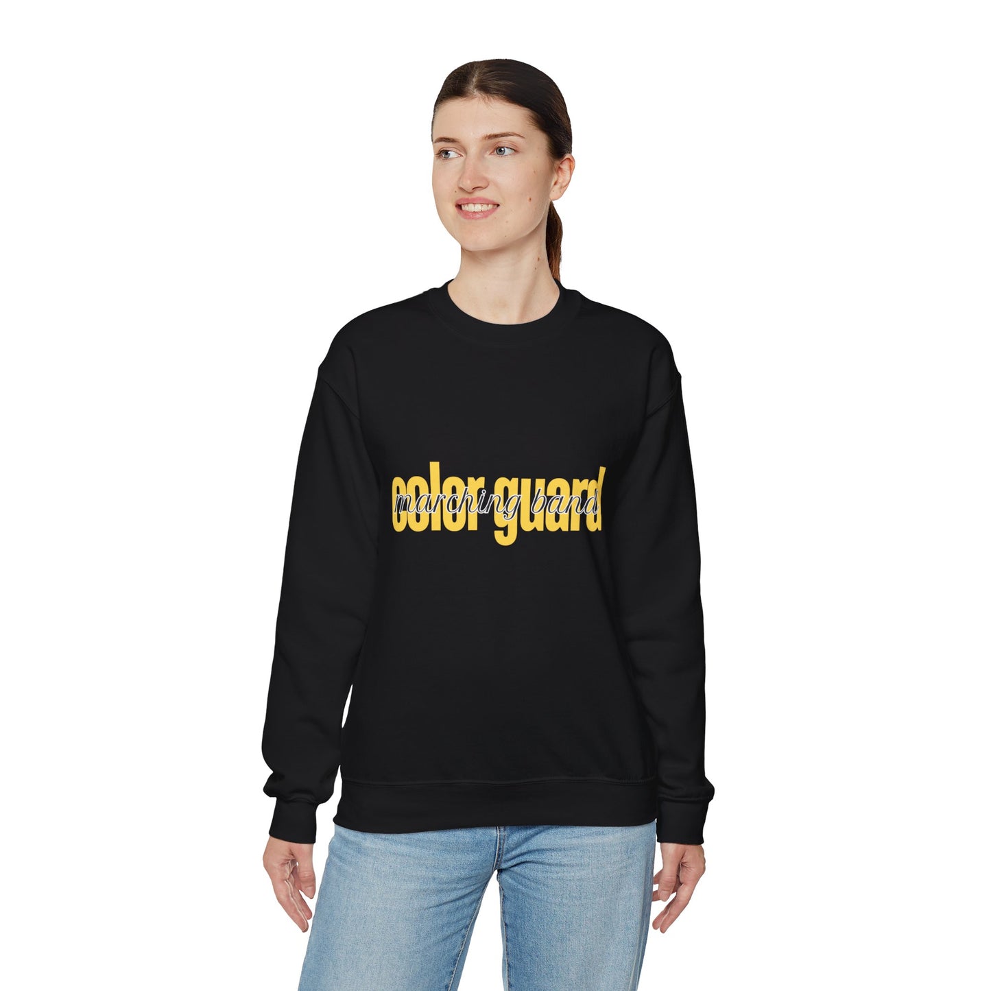 Marching Band Color Guard Yellow Lowercase Font Unisex Crewneck Sweatshirt Flag Saber Rifle