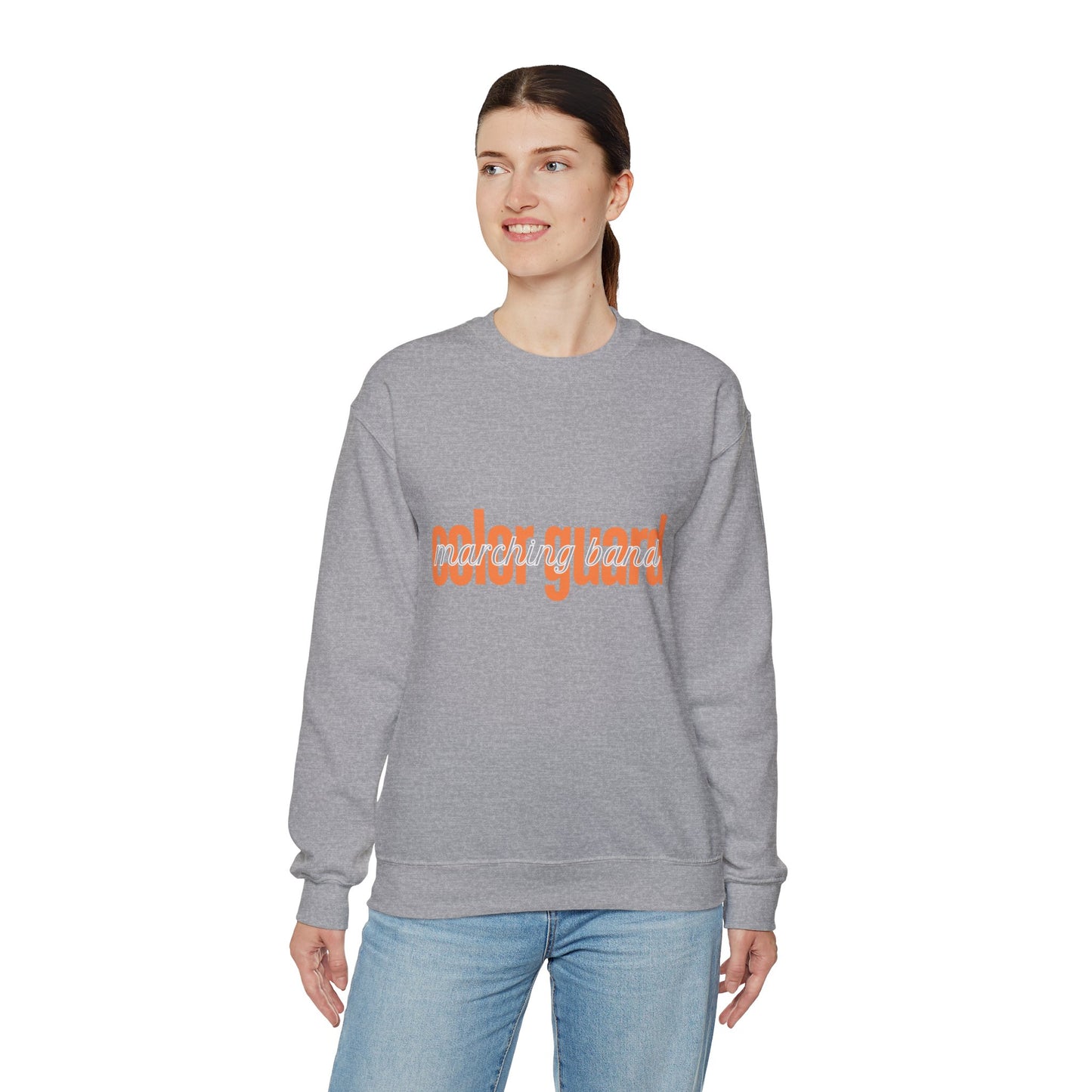 Marching Band Color Guard Orange Lowercase Blue Font Unisex Crewneck Sweatshirt Flag Saber Rifle