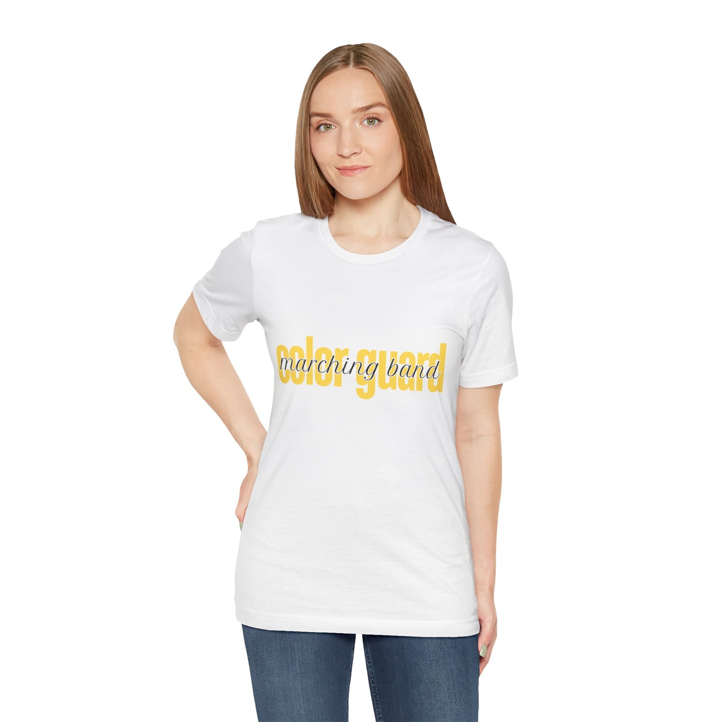 Marching Band Color Guard Yellow Short Letters Flag Saber Unisex Jersey Short Sleeve Tee