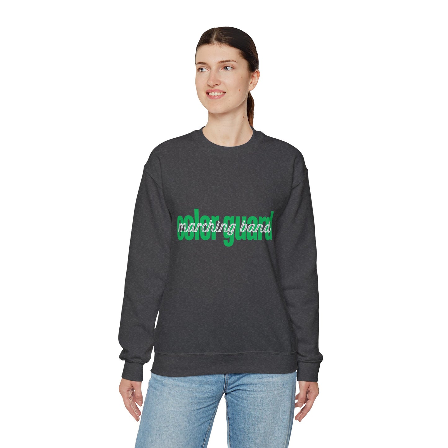 Marching Band Color Guard Green Lowercase Blue Font Unisex Crewneck Sweatshirt Flag Saber Rifle