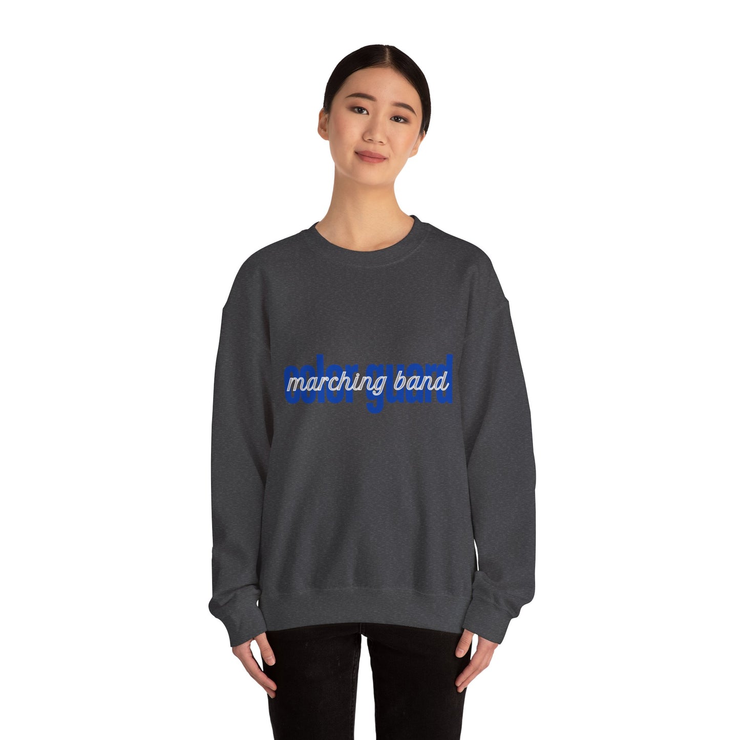 Marching Band Color Guard Blue Lowercase Blue Font Unisex Crewneck Sweatshirt Flag Saber Rifle