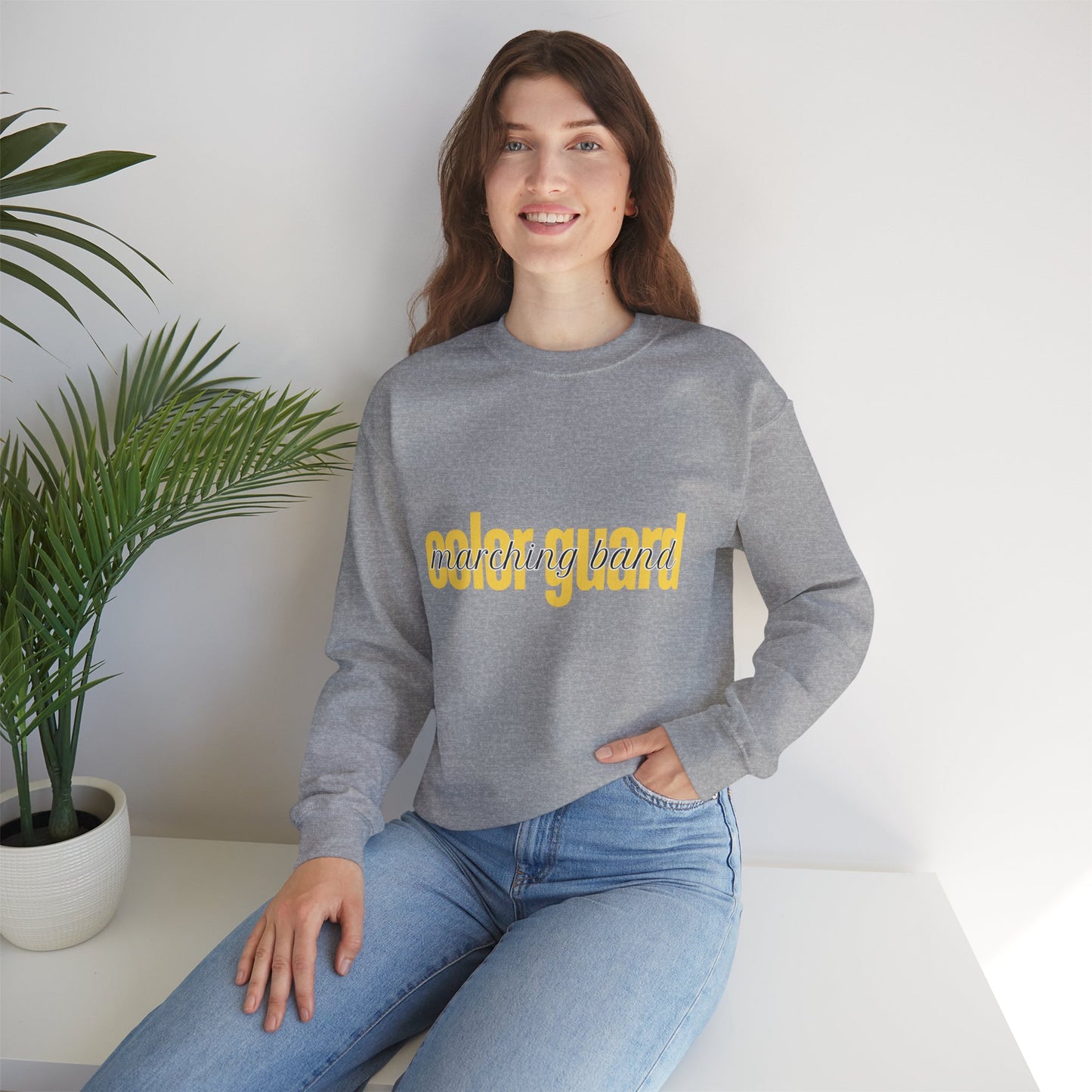 Marching Band Color Guard Yellow Lowercase Font Unisex Crewneck Sweatshirt Flag Saber Rifle