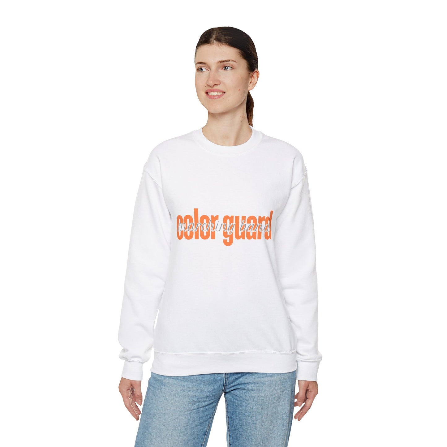 Marching Band Color Guard Orange Lowercase Blue Font Unisex Crewneck Sweatshirt Flag Saber Rifle