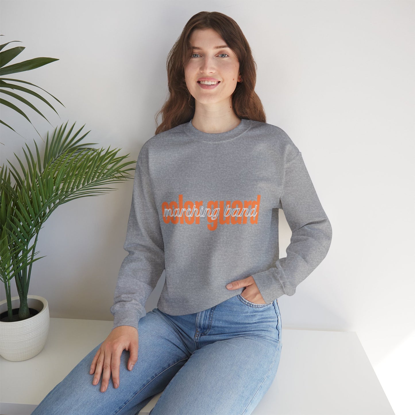 Marching Band Color Guard Orange Lowercase Blue Font Unisex Crewneck Sweatshirt Flag Saber Rifle