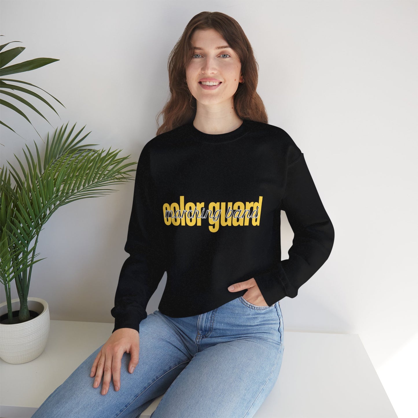 Marching Band Color Guard Yellow Lowercase Font Unisex Crewneck Sweatshirt Flag Saber Rifle