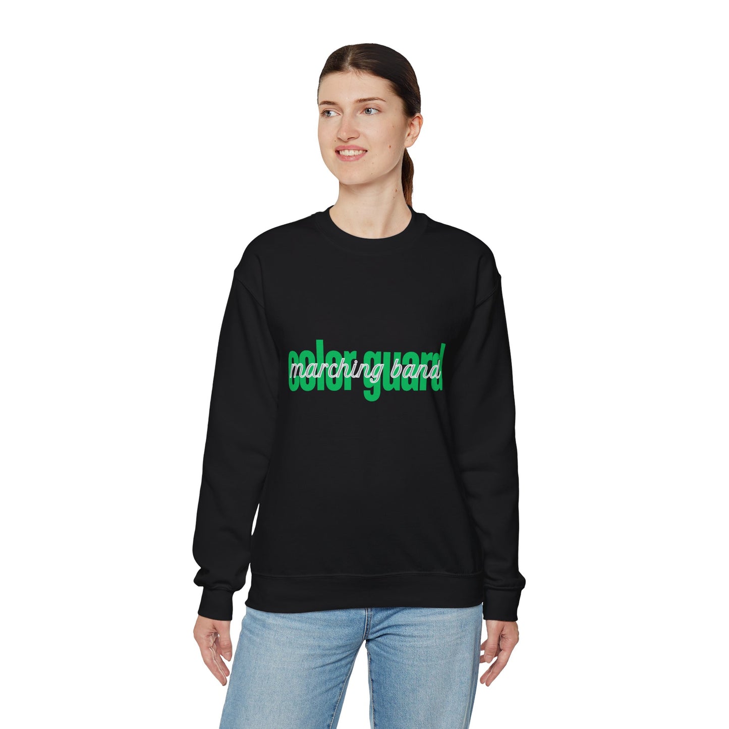 Marching Band Color Guard Green Lowercase Blue Font Unisex Crewneck Sweatshirt Flag Saber Rifle