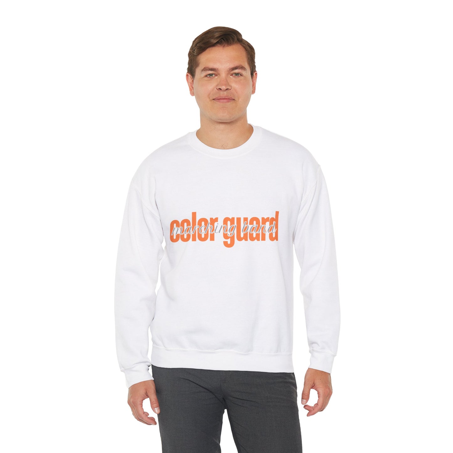 Marching Band Color Guard Orange Lowercase Blue Font Unisex Crewneck Sweatshirt Flag Saber Rifle