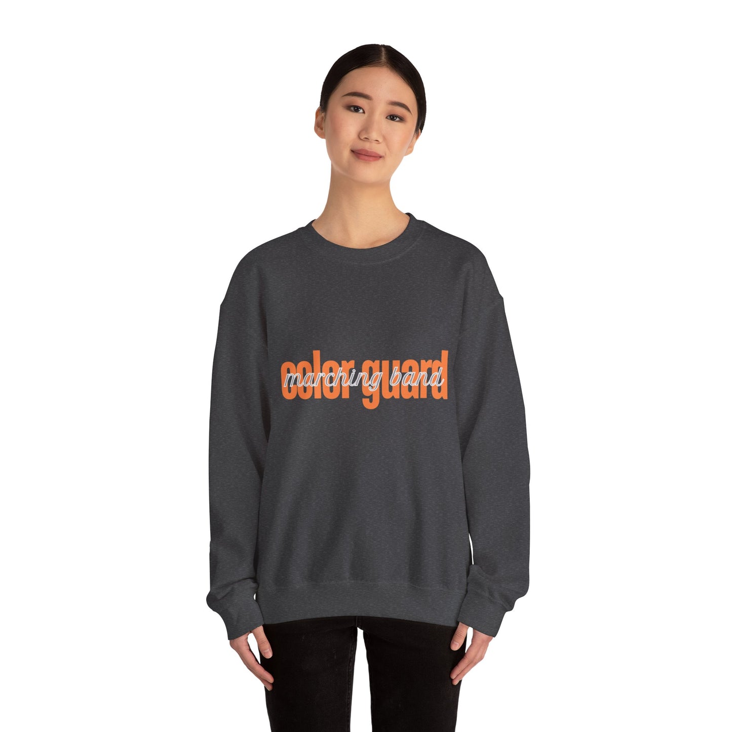 Marching Band Color Guard Orange Lowercase Blue Font Unisex Crewneck Sweatshirt Flag Saber Rifle