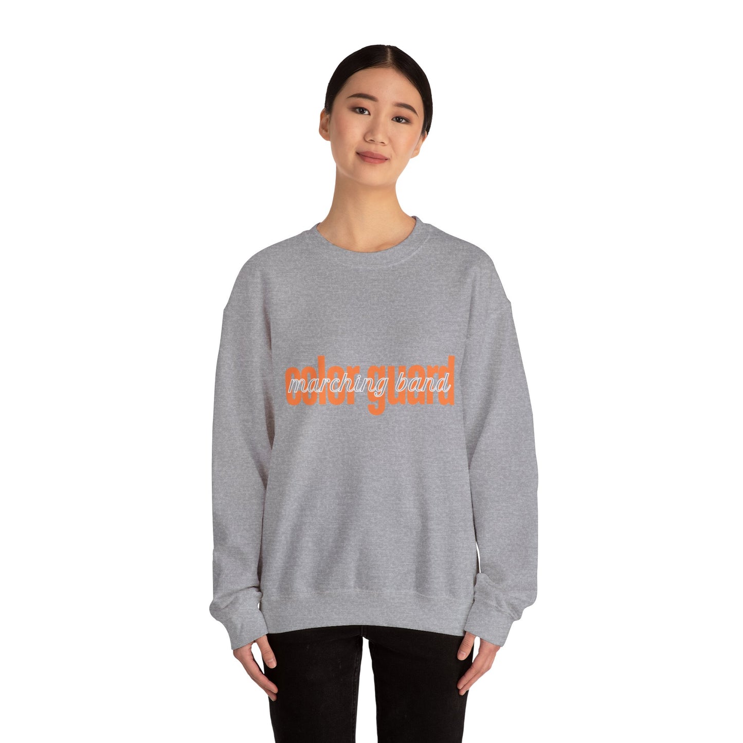 Marching Band Color Guard Orange Lowercase Blue Font Unisex Crewneck Sweatshirt Flag Saber Rifle