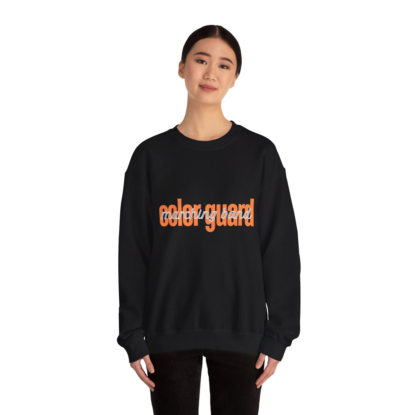 Marching Band Color Guard Orange Lowercase Blue Font Unisex Crewneck Sweatshirt Flag Saber Rifle