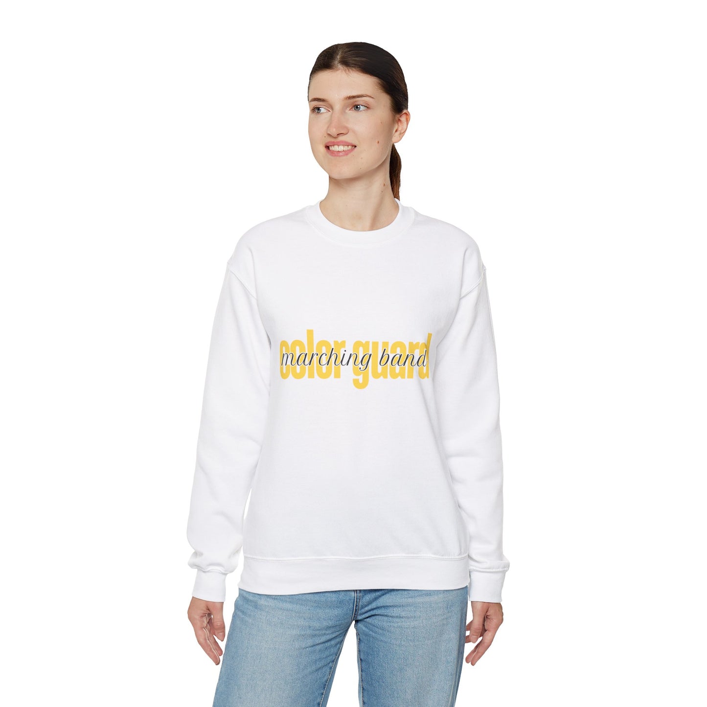 Marching Band Color Guard Yellow Lowercase Font Unisex Crewneck Sweatshirt Flag Saber Rifle