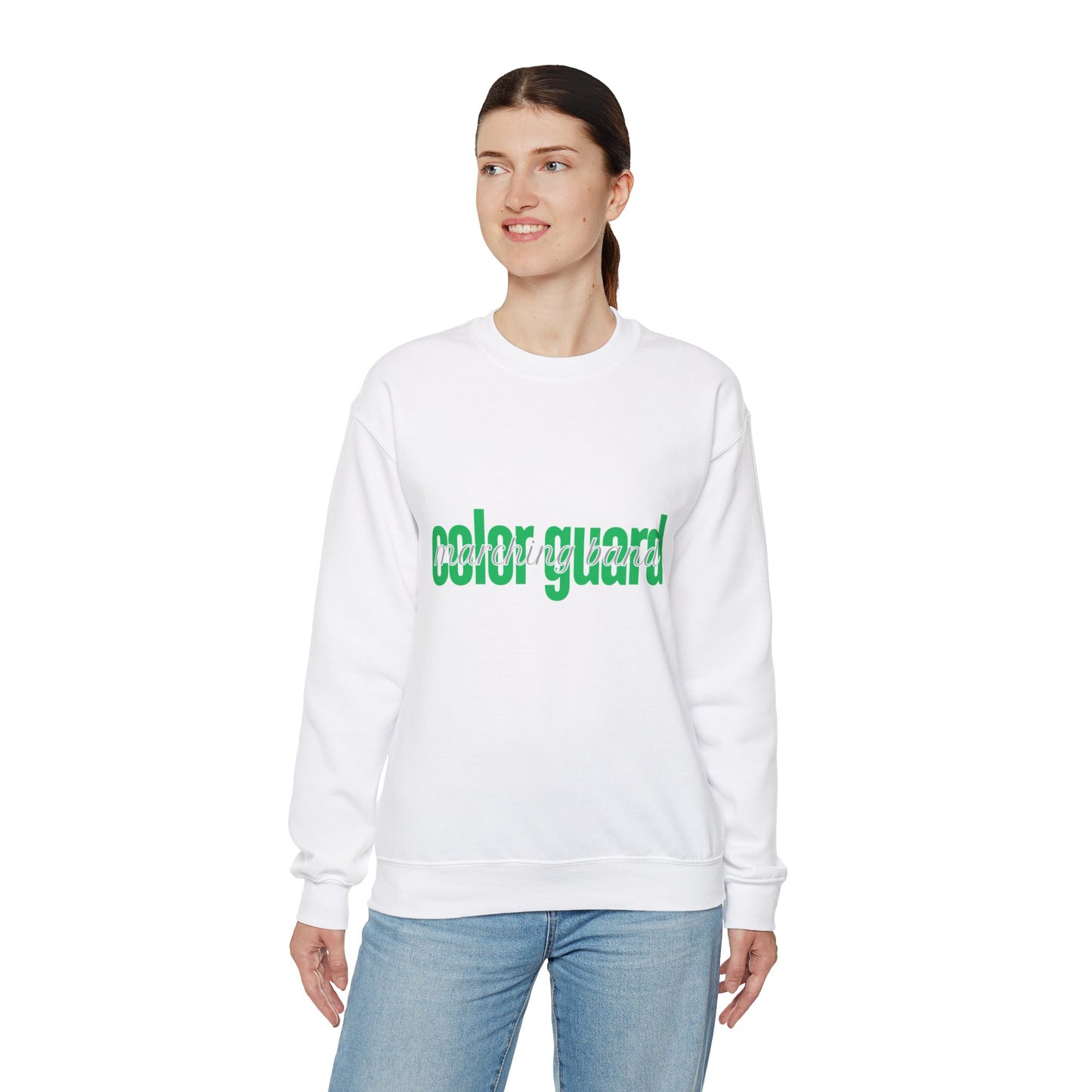 Marching Band Color Guard Green Lowercase Blue Font Unisex Crewneck Sweatshirt Flag Saber Rifle