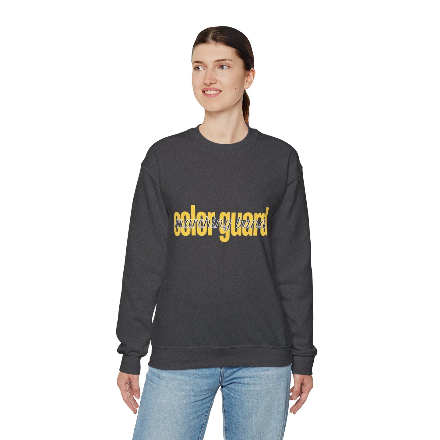 Marching Band Color Guard Yellow Lowercase Font Unisex Crewneck Sweatshirt Flag Saber Rifle