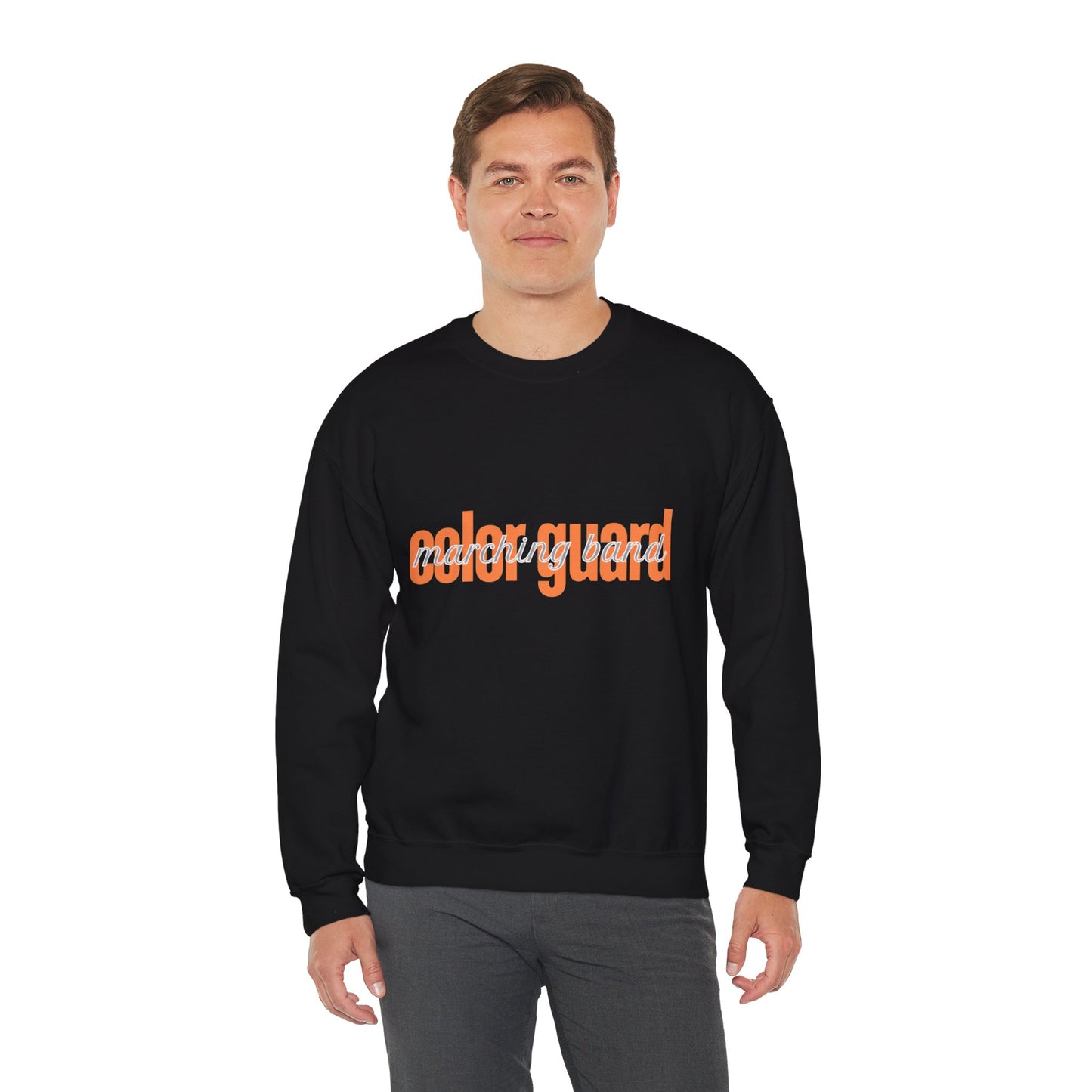 Marching Band Color Guard Orange Lowercase Blue Font Unisex Crewneck Sweatshirt Flag Saber Rifle