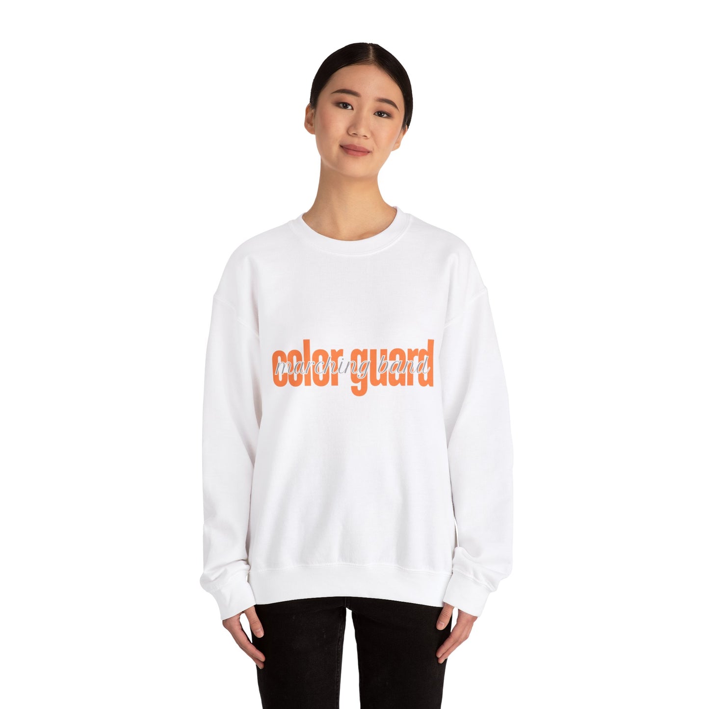 Marching Band Color Guard Orange Lowercase Blue Font Unisex Crewneck Sweatshirt Flag Saber Rifle