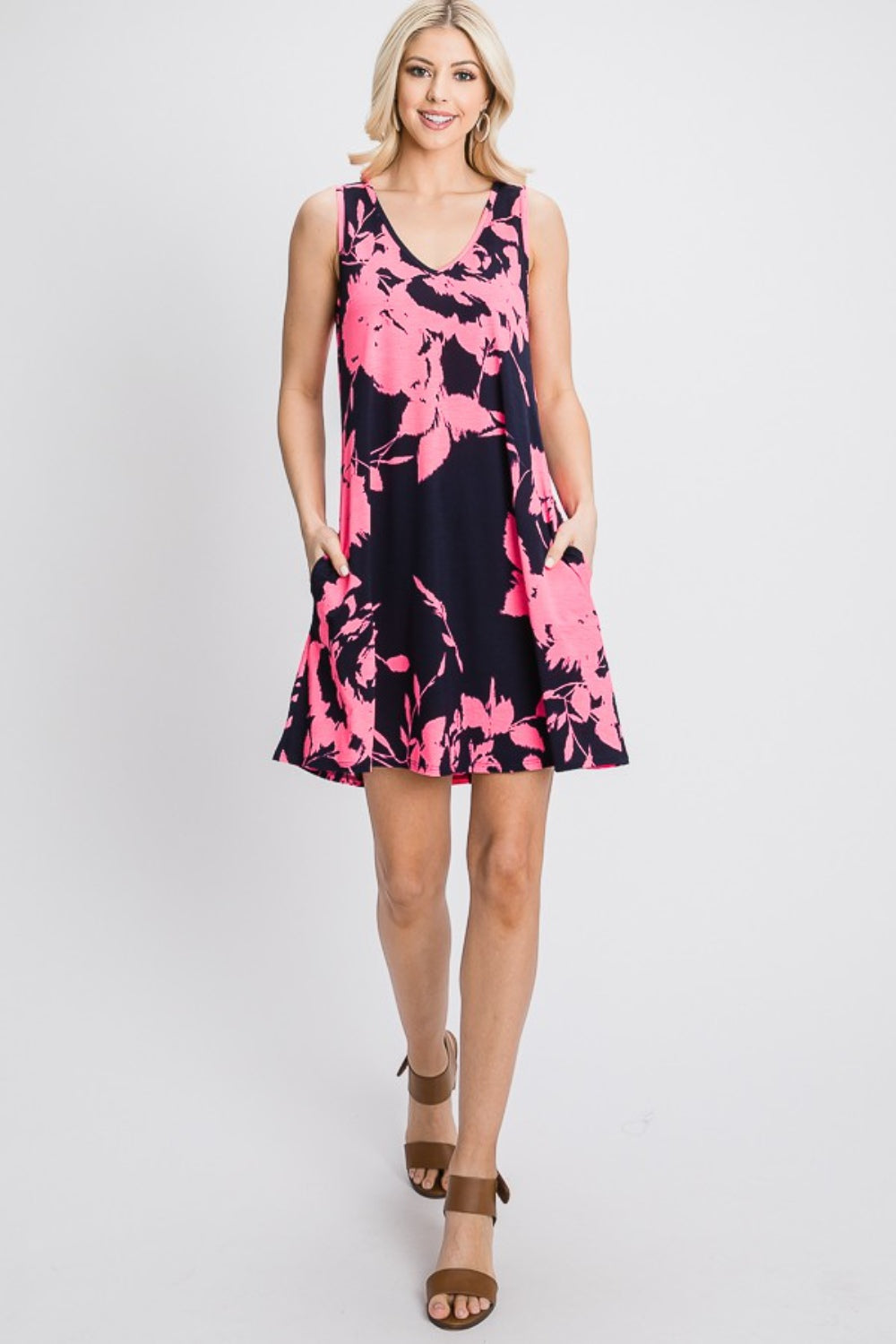 Heimish Full Size Floral V-Neck Tank Dress with Pockets