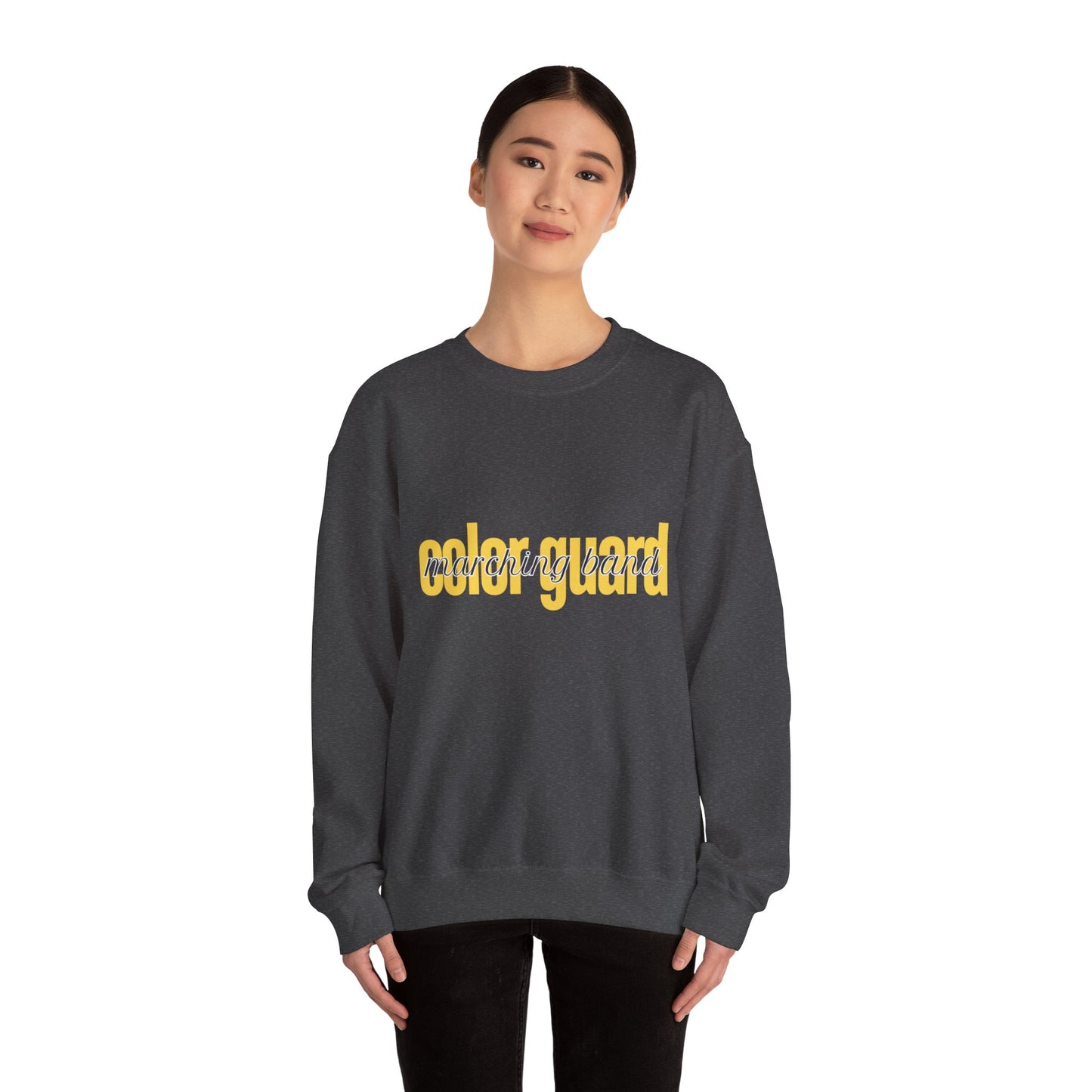 Marching Band Color Guard Yellow Lowercase Font Unisex Crewneck Sweatshirt Flag Saber Rifle