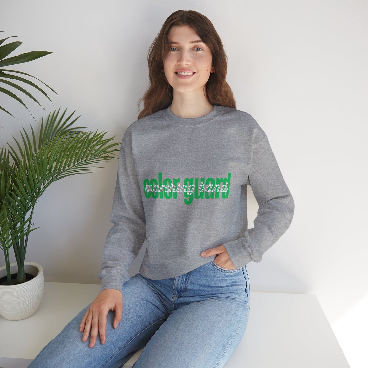 Marching Band Color Guard Green Lowercase Blue Font Unisex Crewneck Sweatshirt Flag Saber Rifle