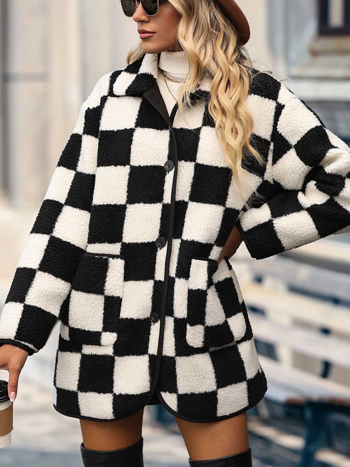 Double Take Black White Checkered Button Front Coat with Pockets