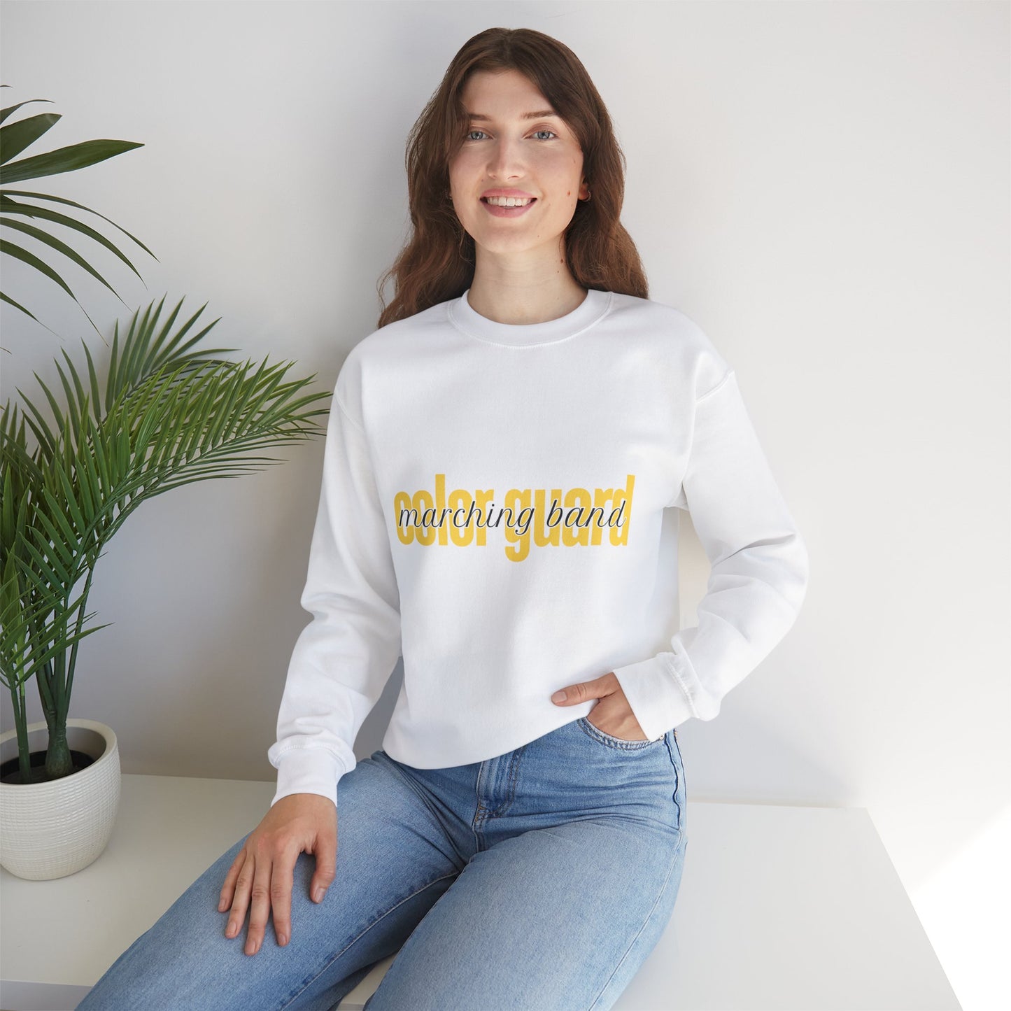 Marching Band Color Guard Yellow Lowercase Font Unisex Crewneck Sweatshirt Flag Saber Rifle