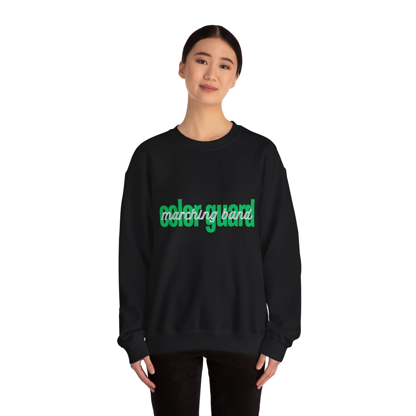 Marching Band Color Guard Green Lowercase Blue Font Unisex Crewneck Sweatshirt Flag Saber Rifle