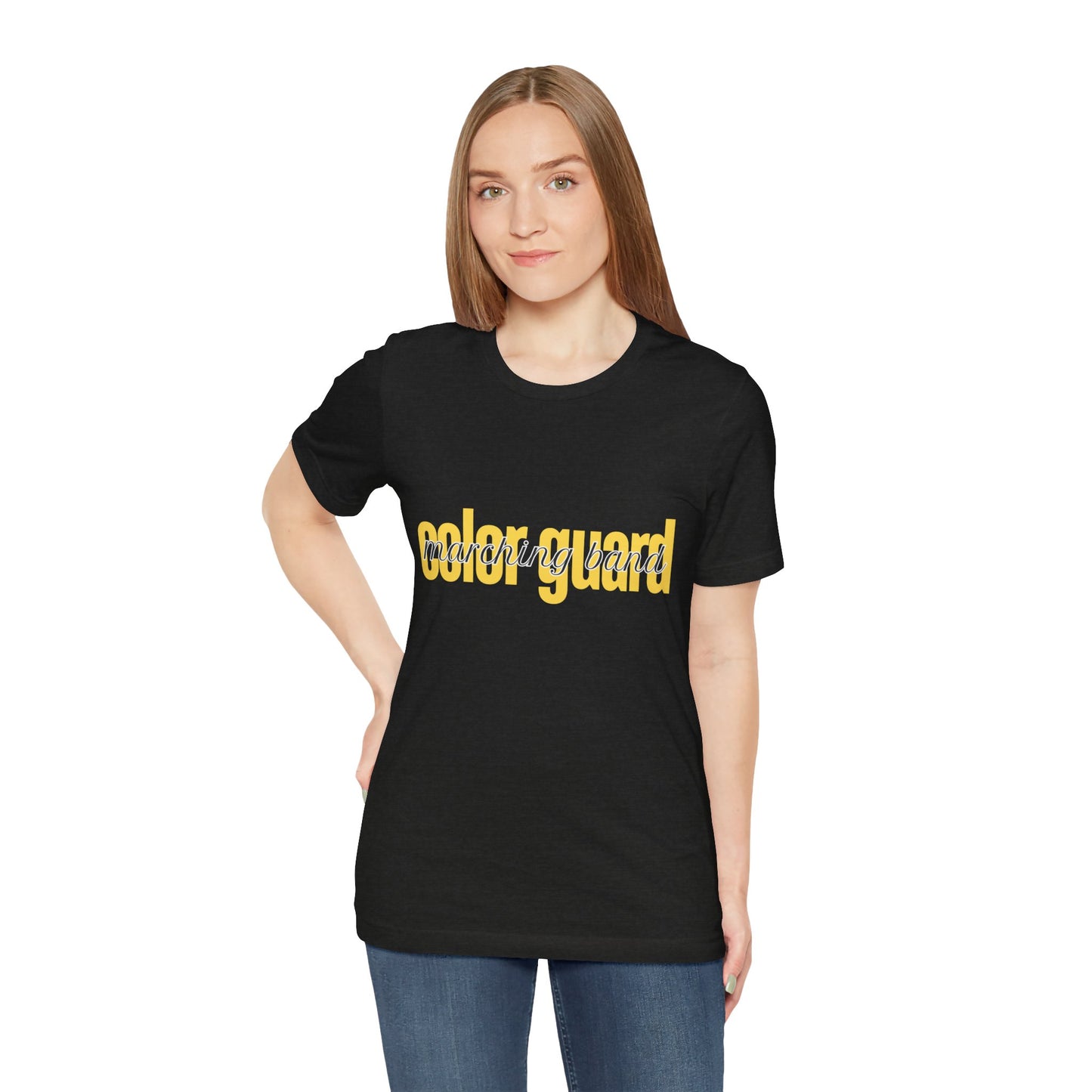 Marching Band Color Guard Yellow Short Letters Flag Saber Unisex Jersey Short Sleeve Tee