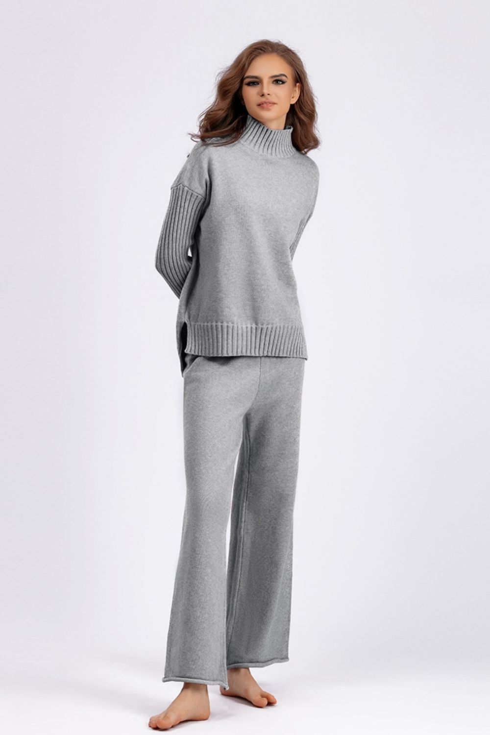 Basic Bae High- Low Turtleneck Long Sleeve Top and Pants Sweater Set