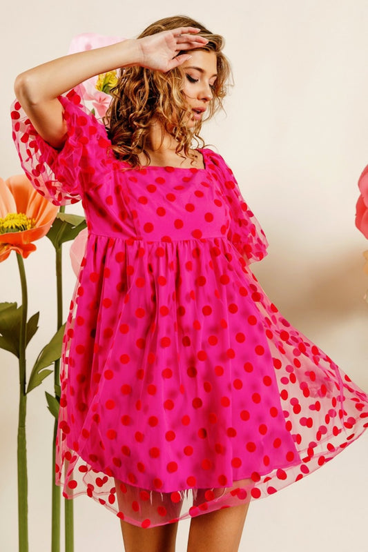 BiBi Hot Pink Polka Dot Mesh Puff Sleeve Dress