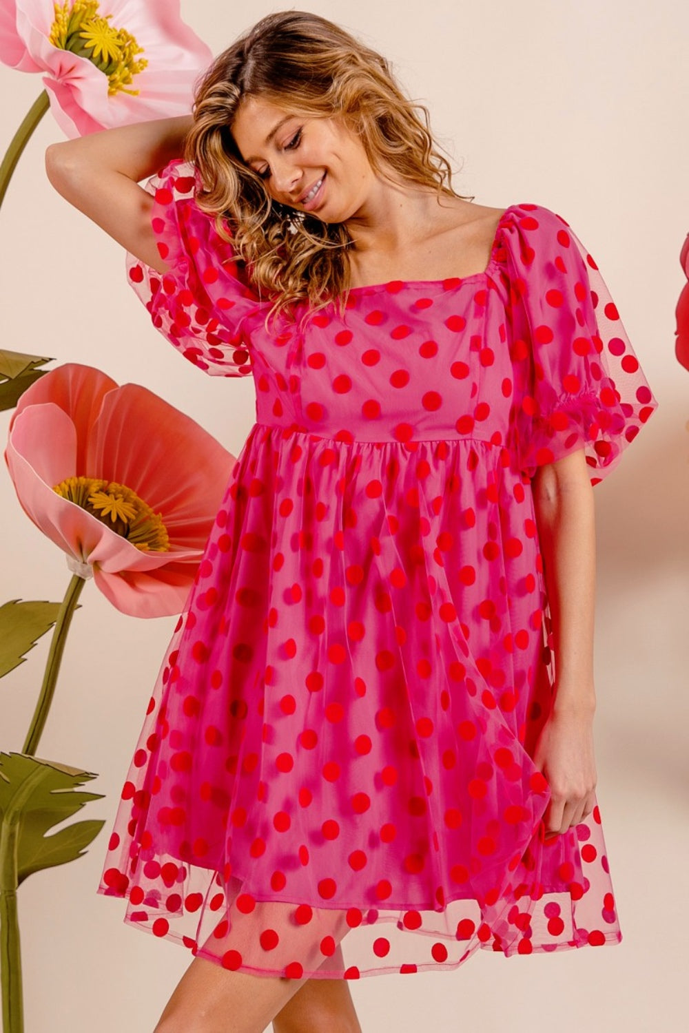 BiBi Hot Pink Polka Dot Mesh Puff Sleeve Dress