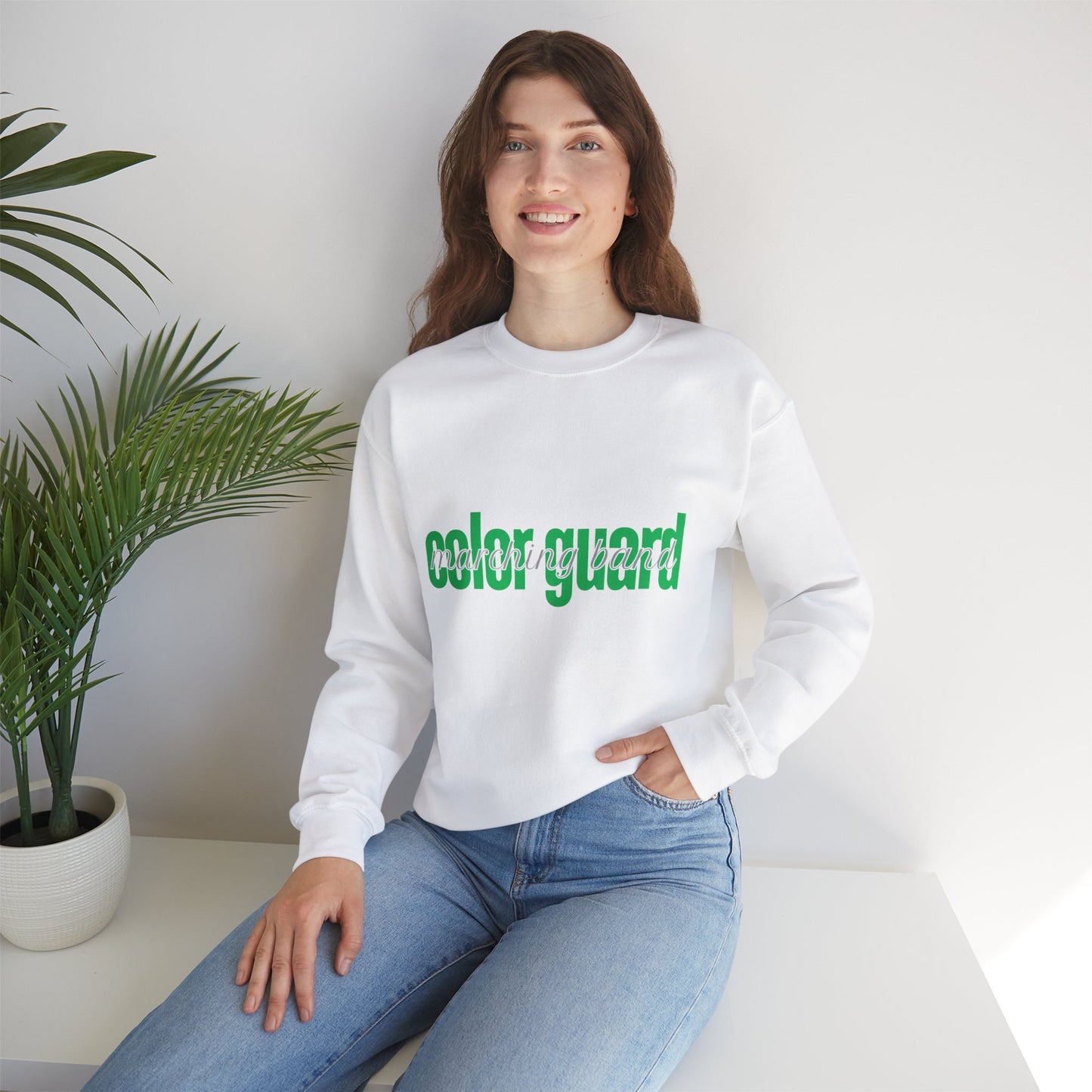 Marching Band Color Guard Green Lowercase Blue Font Unisex Crewneck Sweatshirt Flag Saber Rifle