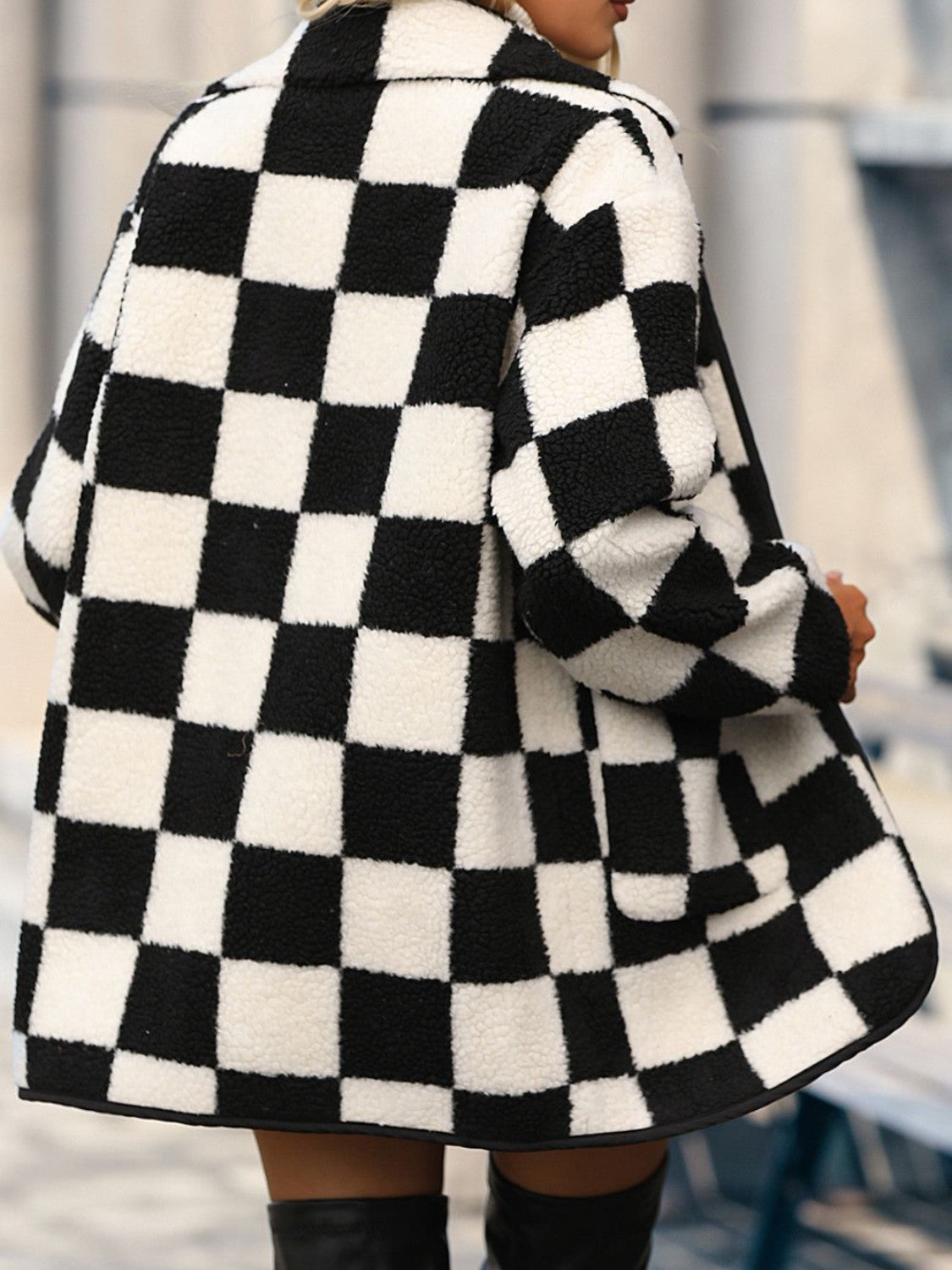 Double Take Black White Checkered Button Front Coat with Pockets