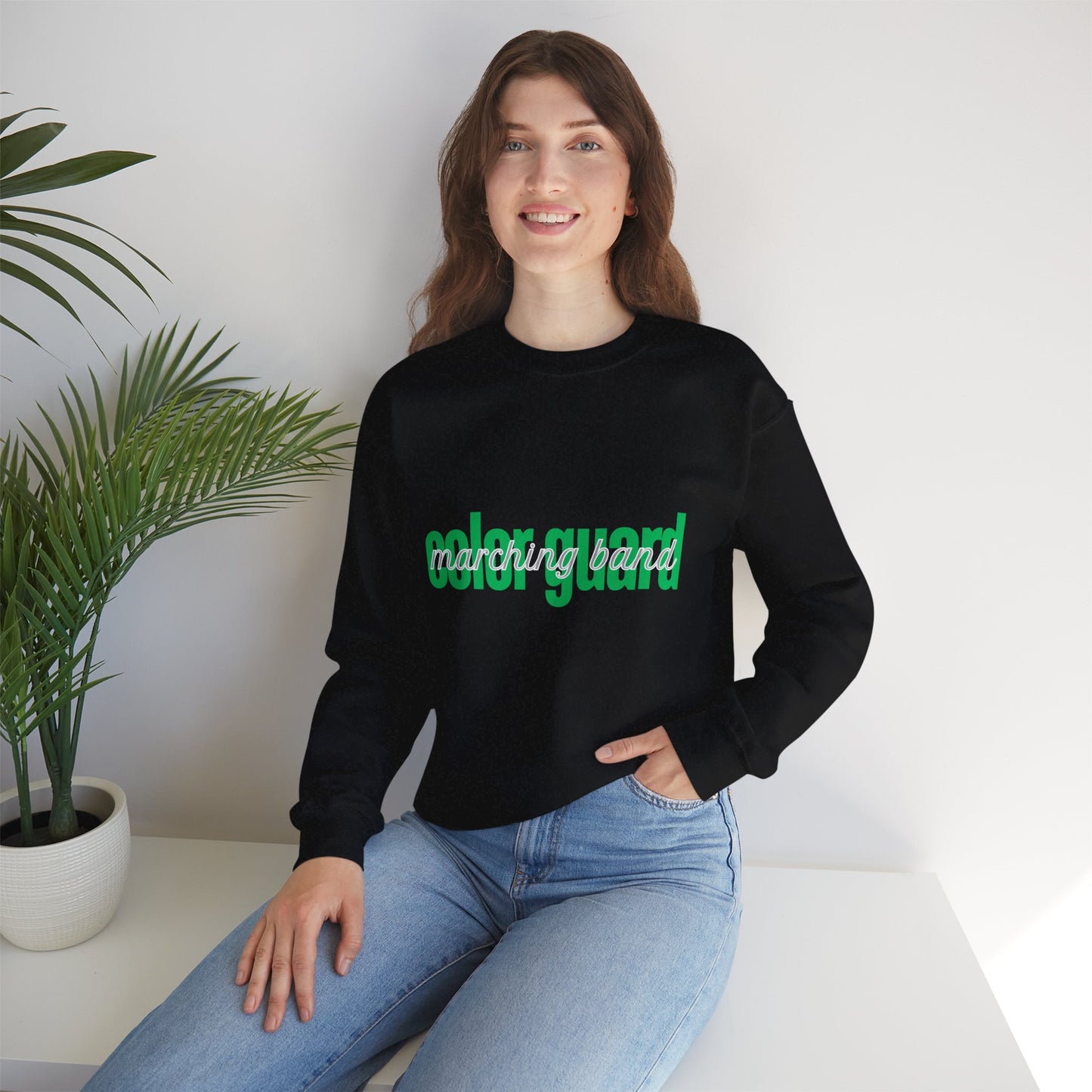 Marching Band Color Guard Green Lowercase Blue Font Unisex Crewneck Sweatshirt Flag Saber Rifle