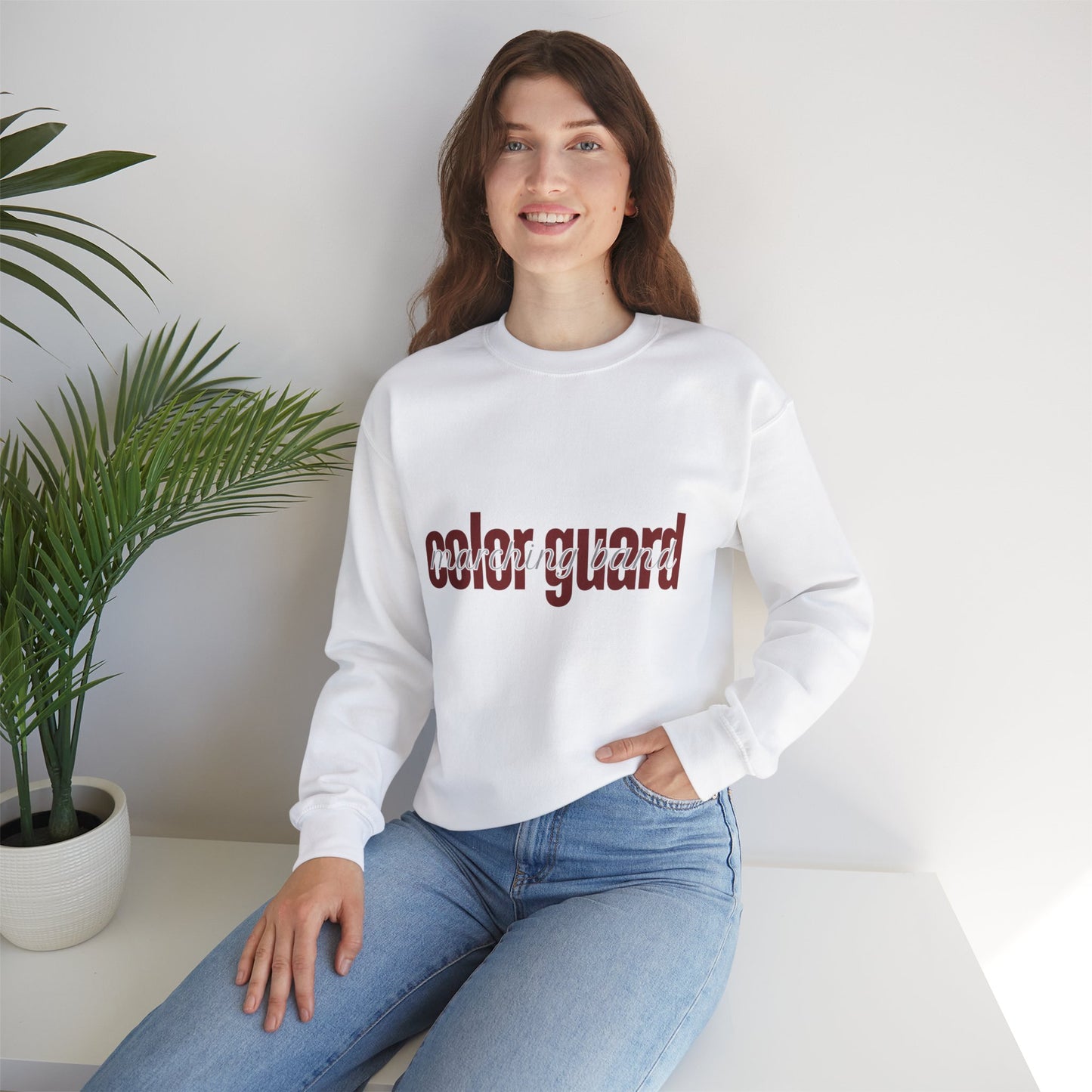 Marching Band Color Guard Maroon Lowercase Font Unisex Crewneck Sweatshirt Flag Saber Rifle