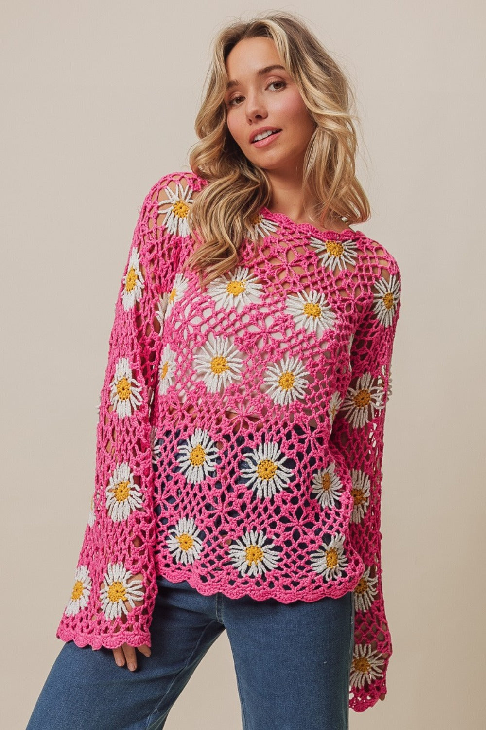 BiBi Pink Daisy Floral Crochet Net Lace Cover Up Sweater with Bell Sleeves