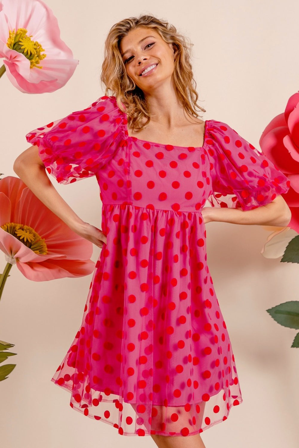 BiBi Hot Pink Polka Dot Mesh Puff Sleeve Dress