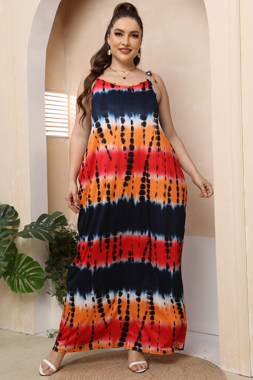 Tie Dye Tie-Shoulder Maxi Flowy Sundress MIsses and Plus Sizes