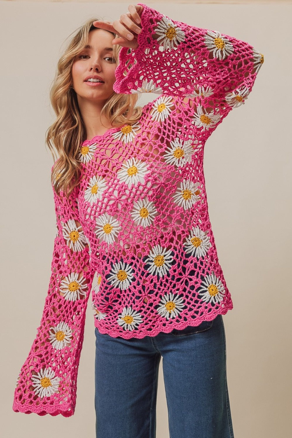 BiBi Pink Daisy Floral Crochet Net Lace Cover Up Sweater with Bell Sleeves