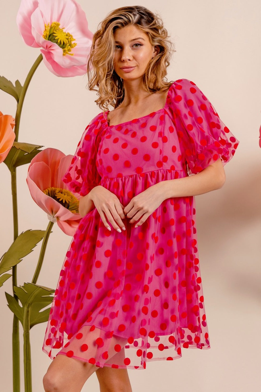 BiBi Hot Pink Polka Dot Mesh Puff Sleeve Dress