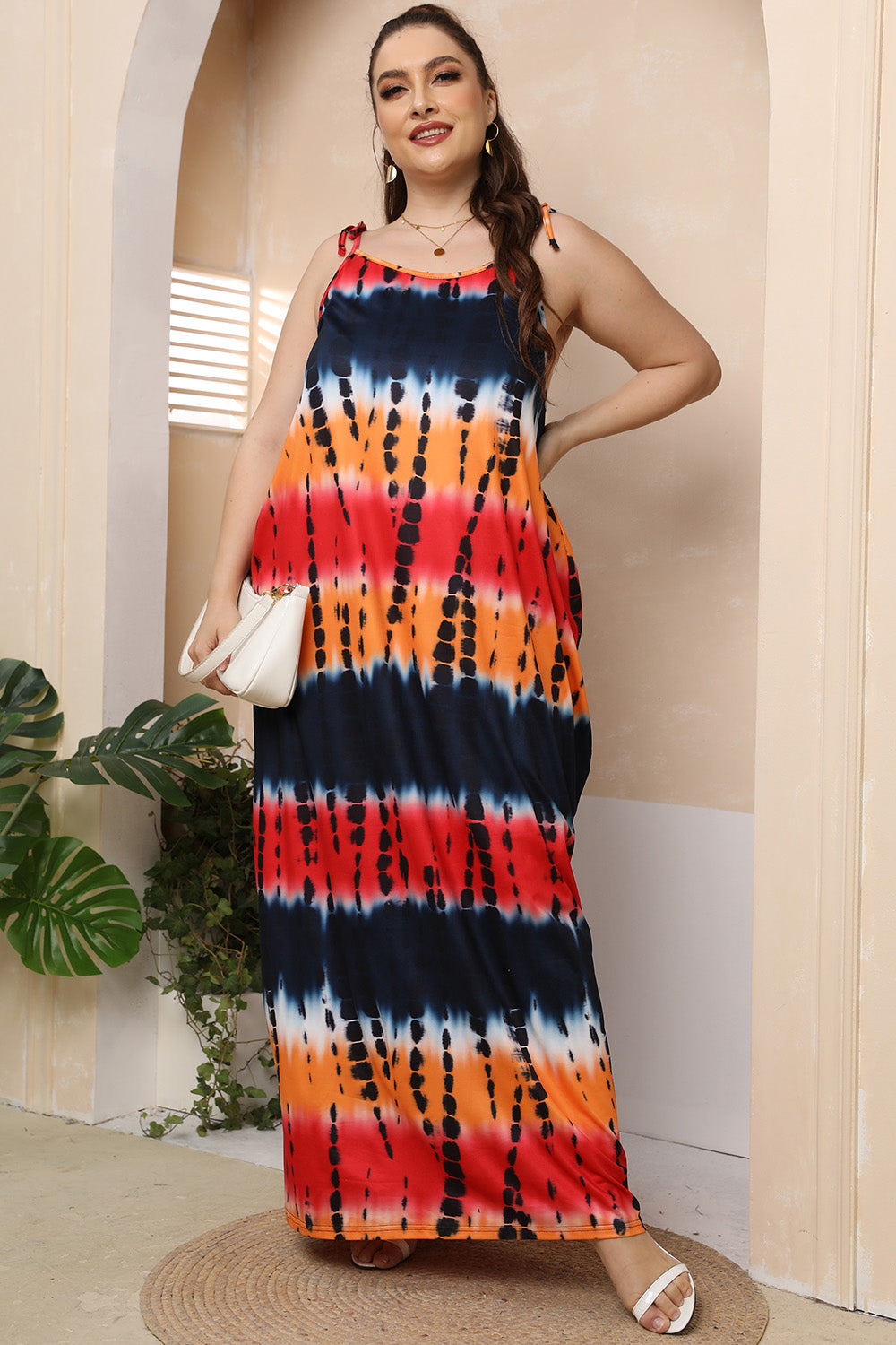 Tie Dye Tie-Shoulder Maxi Flowy Sundress MIsses and Plus Sizes