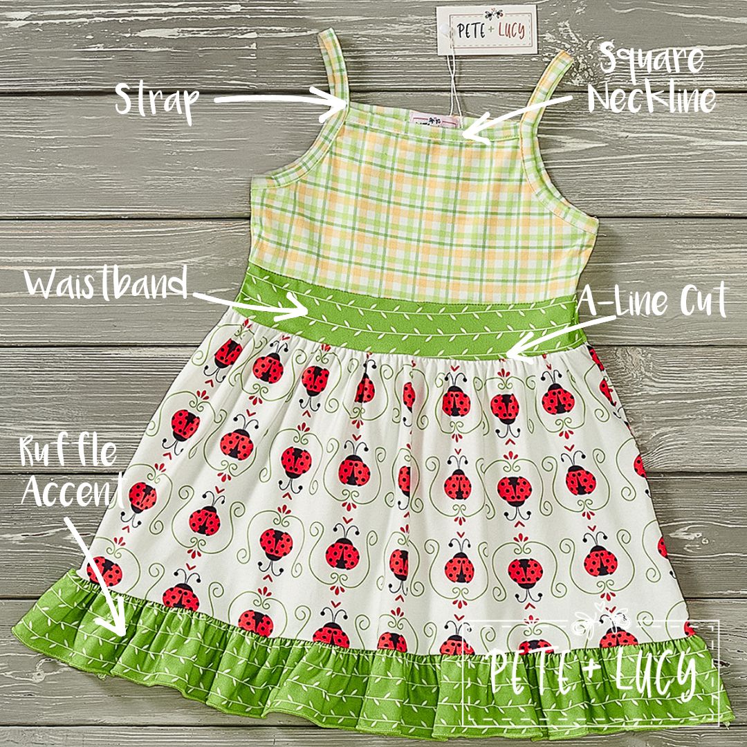 PETE + LUCY Lucky Ladybug Green Plaid Ruffle Sleeveless Dress