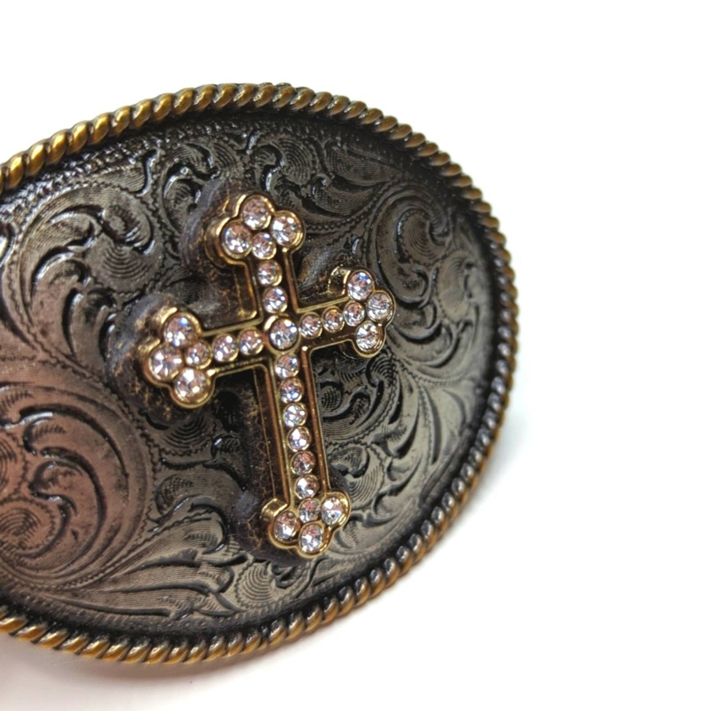 NOCONA Vintage Antiqued Brass Silver Tone Metal Belt Buckle with Crystal Cross