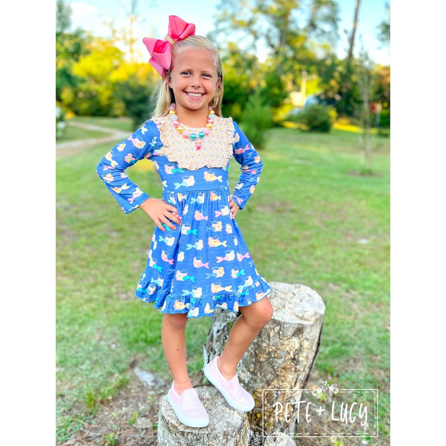 PETE + LUCY Mermaid and Shells Long Sleeve Ruffle Bib Dress