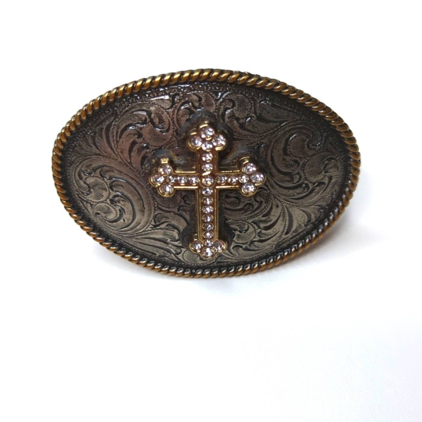 NOCONA Vintage Antiqued Brass Silver Tone Metal Belt Buckle with Crystal Cross