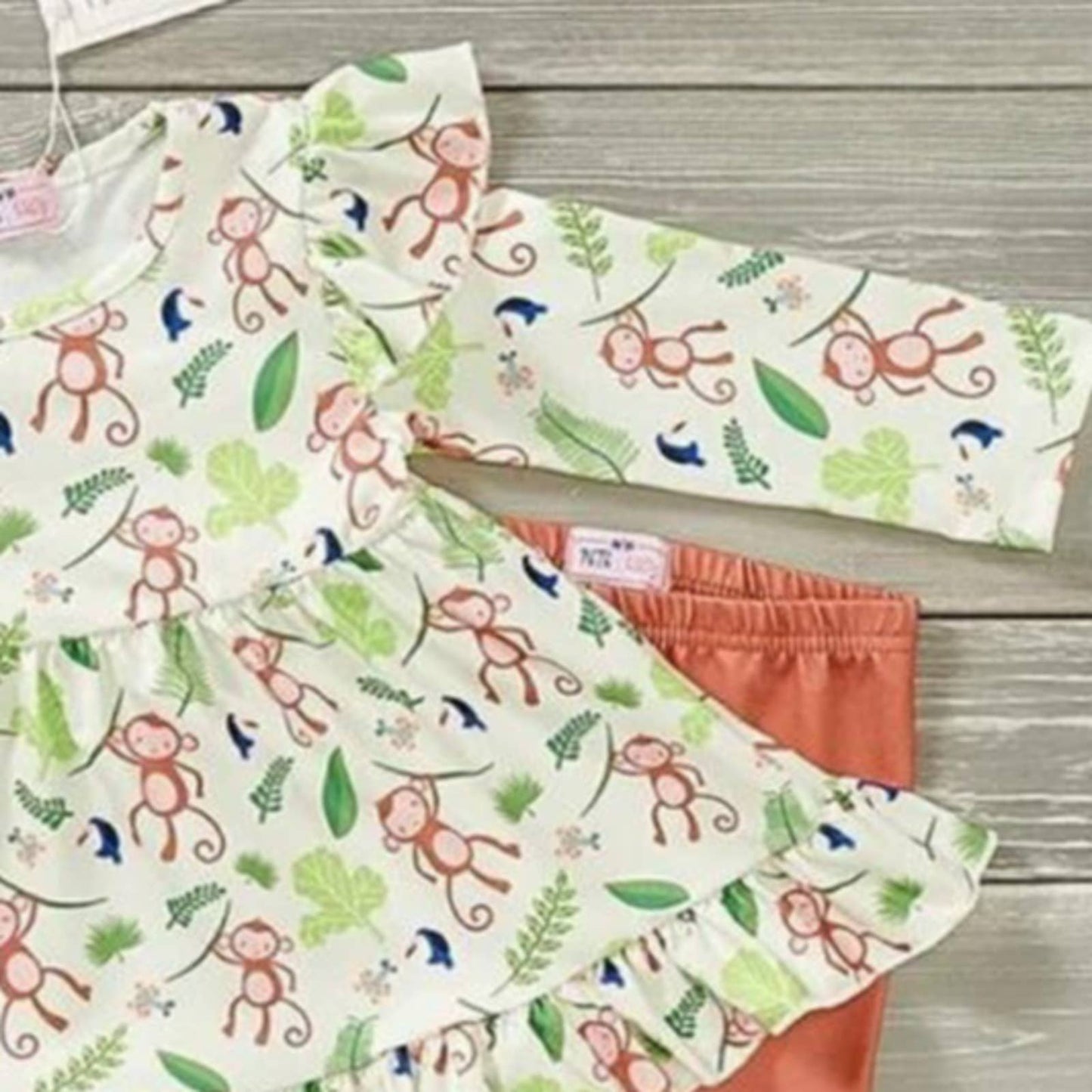 PETE + LUCY Cute Monkeys 2 Piece Set Ruffle Pants Babydoll Top