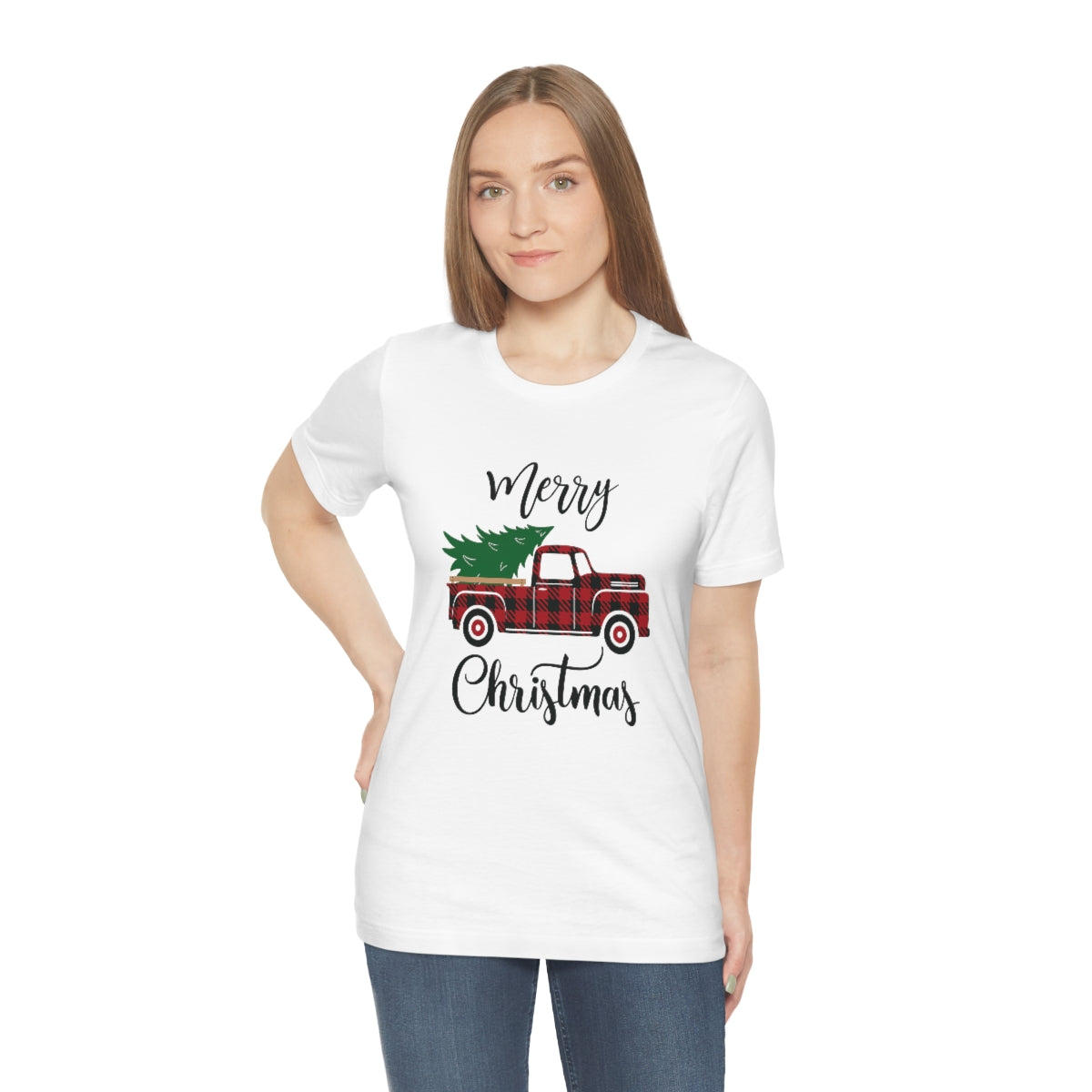 Merry Christmas Red Pickup with Tree Unisex Jersey Short Sleeve Tee S-3XL