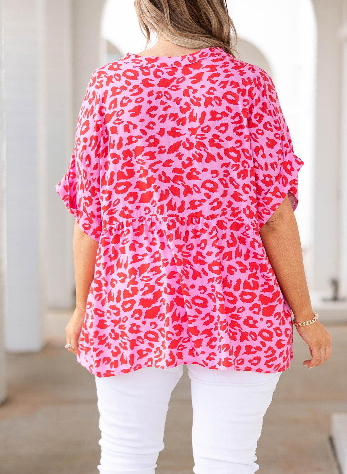 Leopard Print Notched Neck Half Sleeve Top Plus